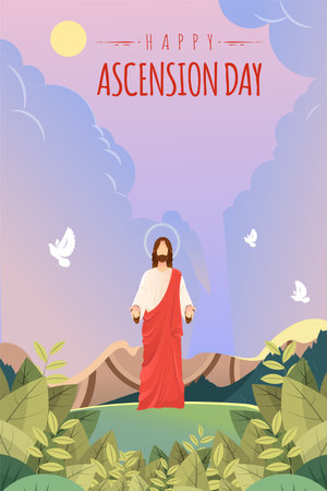 Happy Ascension Day Design with Jesus Christ in Heaven Vector Illustration.  Illustration of resurrection Jesus Christ. Sacrifice of Messiah for humanity redemption.のイラスト素材