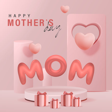 3D Realistic Happy Mother's Day Creative Concept for Greeting Card, Banner and Template. Mom balloon words with gift boxes Vector Illustration.のイラスト素材