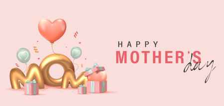 3D Realistic Happy Mother's Day Creative Concept for Greeting Card, Banner and Template. Mom balloon words with gift boxes Vector Illustration.のイラスト素材