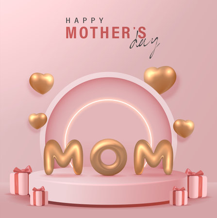 3D Realistic Happy Mother's Day Creative Concept for Greeting Card, Banner and Template. Mom balloon words with gift boxes Vector Illustration.のイラスト素材