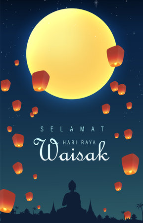 Vesak Day Creative Concept for Card or Banner. Vesak Day is a holy day for Buddhists. Happy Buddha Day with Siddhartha Gautama Statue Design Vector Illustrationのイラスト素材