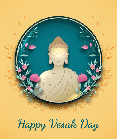 Vesak Day Creative Concept for Card or Banner. Vesak Day is a holy day for Buddhists. Happy Buddha Day with Siddhartha Gautama Statue Design Vector Illustrationのイラスト素材