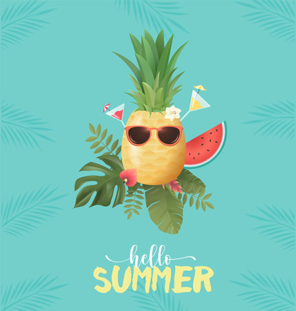 3D Realistic Summer Time Holiday Banner Design with Colorful Beach Elements Background. Vector Illustration. Summer Sale, Post Template, 3D Tropical Element.のイラスト素材
