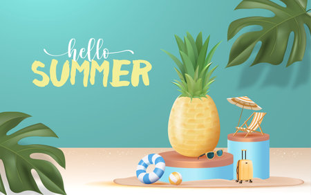 3D Realistic Summer Time Holiday Banner Design with Colorful Beach Elements Background. Vector Illustration. Summer Sale, Post Template, 3D Tropical Element.のイラスト素材
