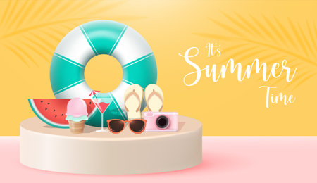 3D Realistic Summer Time Holiday Banner Design with Colorful Beach Elements Background. Vector Illustration. Summer Sale, Post Template, 3D Tropical Element.のイラスト素材