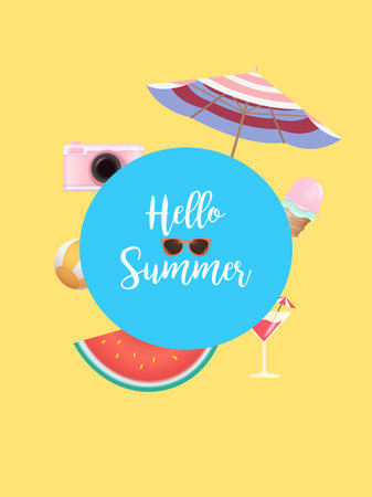 3D Realistic Summer Time Holiday Banner Design with Colorful Beach Elements Background. Vector Illustration. Summer Sale, Post Template, 3D Tropical Element.のイラスト素材
