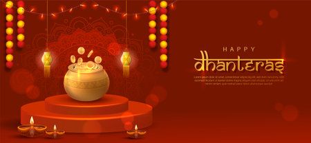 Happy Dhanteras Poster Design Vector Illustration. Illustration of Gold Coin in Potのイラスト素材