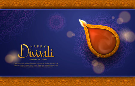 Happy Diwali Poster with Diya Lamp and Peacock Vector Illustration. Indian festival of lights Design. Suitable for Greeting Card, Banner, Flyer, Template.のイラスト素材