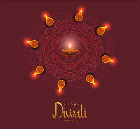Happy Diwali Poster with Diya Lamp and Peacock Vector Illustration. Indian festival of lights Design. Suitable for Greeting Card, Banner, Flyer, Template.のイラスト素材