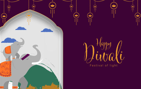 Happy Diwali Poster with Diya Lamp and Peacock Vector Illustration. Indian festival of lights Design. Suitable for Greeting Card, Banner, Flyer, Template.のイラスト素材