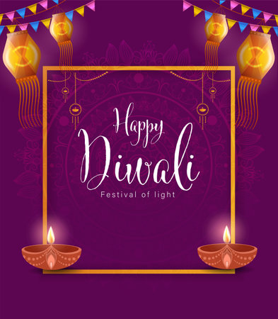 Happy Diwali Poster with Diya Lamp and Peacock Vector Illustration. Indian festival of lights Design. Suitable for Greeting Card, Banner, Flyer, Template.のイラスト素材