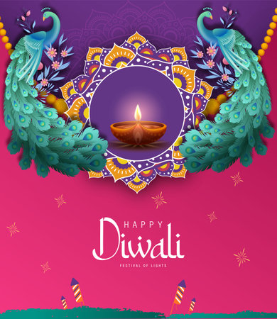 Happy Diwali Poster with Diya Lamp and Peacock Vector Illustration. Indian festival of lights Design. Suitable for Greeting Card, Banner, Flyer, Template.のイラスト素材