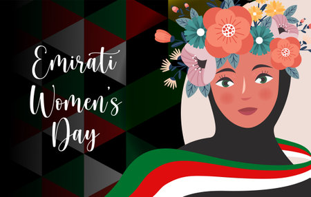 Emirates Women's Day Design with Female with Hijab Vector Illustration. Emirati Womens Day Template Suitable for Poster Banner Flyer Background. UAE Women's Day August.のイラスト素材
