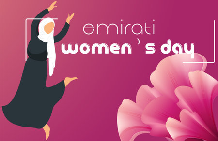 Emirates Women's Day Design with Female with Hijab Vector Illustration. Emirati Womens Day Template Suitable for Poster Banner Flyer Background. UAE Women's Day August.のイラスト素材