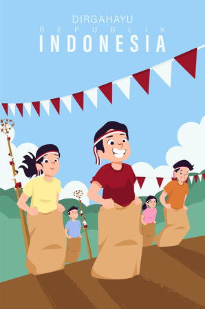 Happy Independence Day of Indonesia Vector Illustration with Traditional Games of Independence Day. Suitable for Template Poster Banner Design. HUT RI 77のイラスト素材