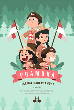 Happy Scout Day August 14 Indonesian Festival Day. Selamat Hari Pramuka. Vector Illustration. Boy and girl Student celebrate pramuka day.のイラスト素材
