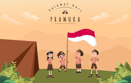 Happy Scout Day August 14 Indonesian Festival Day. Selamat Hari Pramuka. Vector Illustration. Boy and girl Student celebrate pramuka day.のイラスト素材