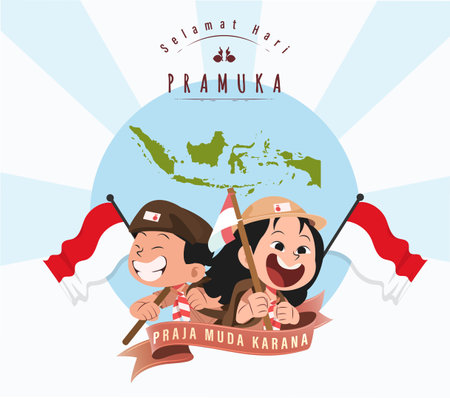 Happy Scout Day August 14 Indonesian Festival Day. Selamat Hari Pramuka. Vector Illustration. Boy and girl Student celebrate pramuka day.のイラスト素材