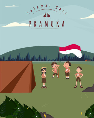 Happy Scout Day August 14 Indonesian Festival Day. Selamat Hari Pramuka. Vector Illustration. Boy and girl Student celebrate pramuka day.のイラスト素材