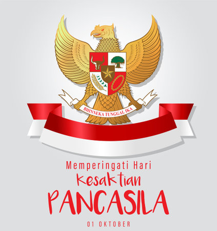 Hari Kesaktian Pancasila, Indonesian Holiday Pancasila Day Illustration.Translation: October 01, Happy Pancasila day. Suitable for greeting card and bannerのイラスト素材