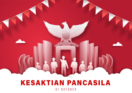 Hari Kesaktian Pancasila, Indonesian Holiday Pancasila Day Illustration.Translation: October 01, Happy Pancasila day. Suitable for greeting card and bannerのイラスト素材