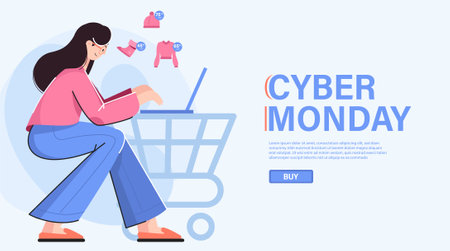 Cyber Monday Banner Template with Female Character Shop Online Vector Illustration. Suitable for Poster, Banner, Flyer and Web Header Design. Woman Character Shopping Online in Lapのイラスト素材