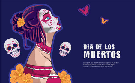 Dia de los muertos means Day of the dead. Mexican holiday festival Template Banner Vector Illustration.のイラスト素材