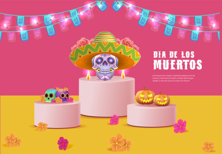 Dia de los muertos means Day of the dead. Mexican holiday festival Template Banner Vector Illustration.のイラスト素材