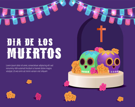 Dia de los muertos means Day of the dead. Mexican holiday festival Template Banner Vector Illustration.のイラスト素材