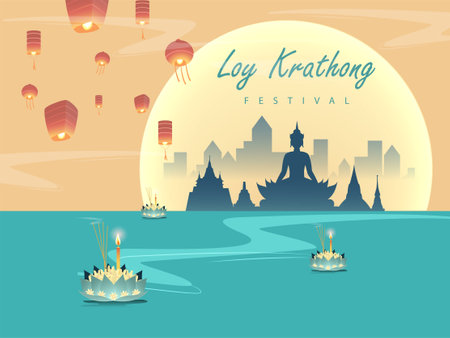 Loy krathong Festival Travel Thailand Poster Design Background Vector Illustration.  Chao Phraya River Holy Place in Thailand Background.のイラスト素材