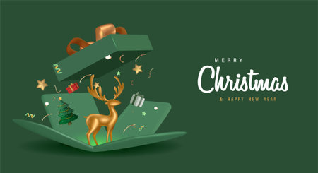 3D Realistic Merry Christmas and Happy New Year Banner with 3D Element Vector Illustration.のイラスト素材