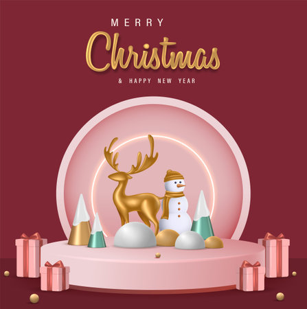 3D Realistic Merry Christmas and Happy New Year Banner with 3D Element Vector Illustration.のイラスト素材