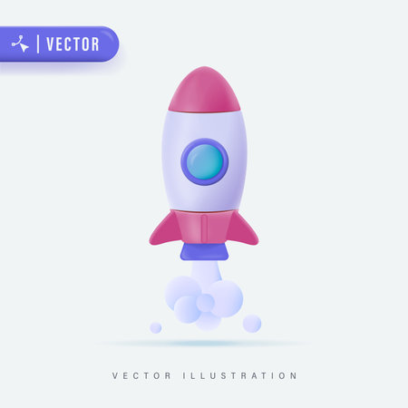 Flying space rocket 3d Realistic. Spaceship launch. Rocket 3d icon, logo or symbol. Logo ship. Vector illustration. Rocket flying over cloud,Rocket launch. Business startup conceptのイラスト素材