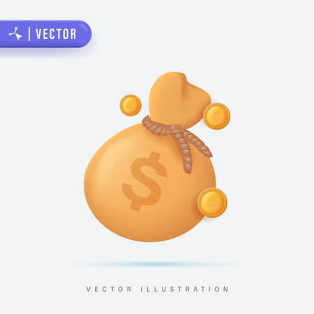 3D Realistic Money Bag with Dollar Sign Vector Illustration, Money Bag Vector Icon, Logo and Symbolのイラスト素材