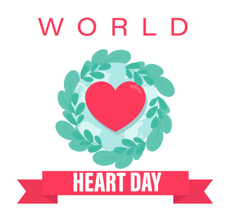 Vector illustration World Heart Day Background, health care awareness. People running for disease prevention, World heart day with red heart and world sign vector design,のイラスト素材