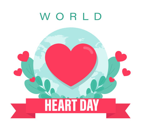 Vector illustration World Heart Day Background, health care awareness. People running for disease prevention, World heart day with red heart and world sign vector design,のイラスト素材