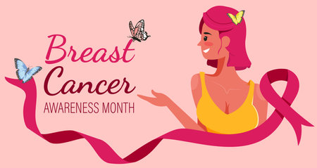 Breast Cancer Awareness Month Vector Illustration, World Cancer Ribbon, Pink ribbon, Support Breast Cancer Survivor Poster Slogan Flat Design,のイラスト素材