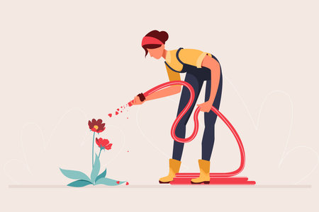 Planting tree, man and woman gardening and growing plant vector. Romantic man and woman water and care for the love plant.のイラスト素材