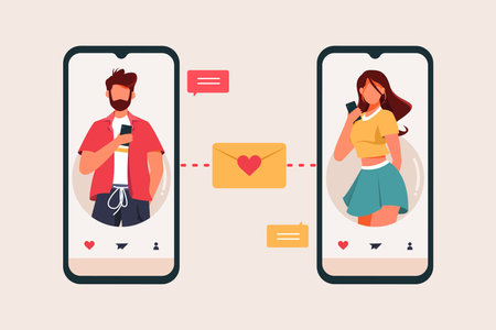 Dating app Flat Design Concept, Male and Female  Sending Message with Smartphone in Dating App Vector Illustrationのイラスト素材