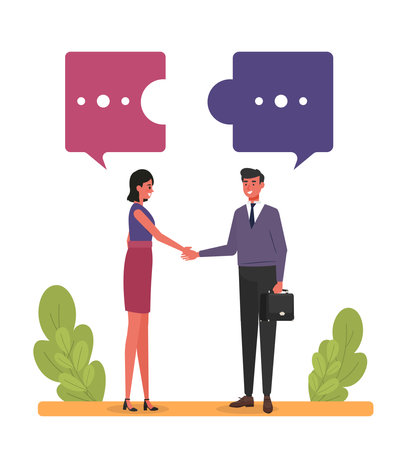 People Connecting Puzzle Element Vector Illustration, Teamwork Concept, Male and Female Office Worker Characters, Business Backgroundのイラスト素材