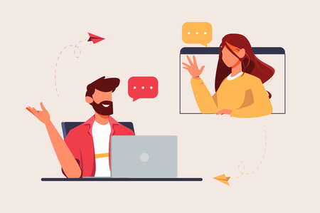 Man and Woman Having Online Meeting Flat Design Concept, Work From Home Vector Illustration, Virtual Meeting Templateのイラスト素材