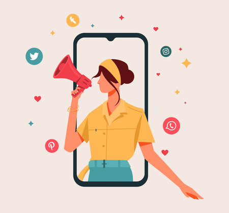 Young Girl Holding Megaphone for Advertising Online Marketing Vector Illustration, Digital Marketing Conceptのイラスト素材