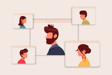 Man and Woman Having Online Meeting Flat Design Concept, Work From Home Vector Illustration, Virtual Meeting Templateのイラスト素材