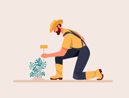 Planting tree, man and woman gardening and growing plant vector. Romantic man and woman water and care for the love plant.のイラスト素材