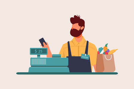 Cashier Behind Cashier Counter Flat Design Concept, Cashierman in the supermarket, shop, store isolatedのイラスト素材