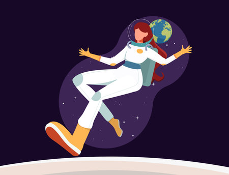 Female Astronout Flying in Space Flat Design Concept, Woman Astronout in White Spacesuit with Earth Background Vector Illustrationのイラスト素材