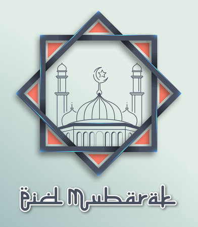 Eid Mubarak with Mosque Line Art Style Vector Illusrationのイラスト素材