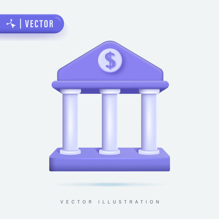 Bank Building. Online Banking, Finance, Bank Transactions, Bank Service. 3D Realistic Vector Icon. Cartoon Minimal Style.のイラスト素材