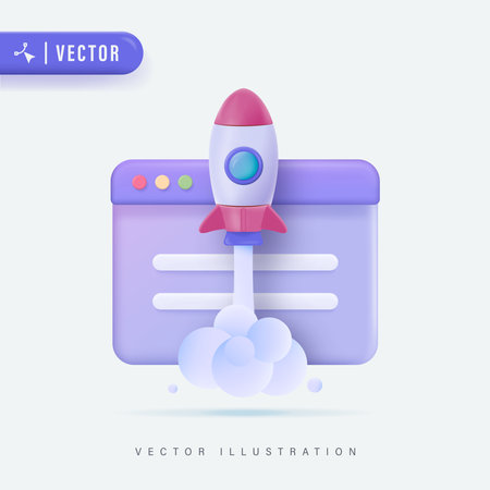 3D Realistic Booster Concept with Rocket Vector Illustration. Concept of Project Closure. Project Managment, Life Cycle. 3D Vector Illustration. Rocket Launchのイラスト素材