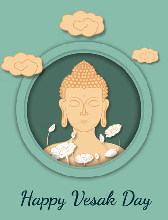 Vesak Day Creative Concept for Card or Banner. Vesak Day is a holy day for Buddhists. Happy Buddha Day with Siddhartha Gautama Statue Design Vector Illustrationのイラスト素材